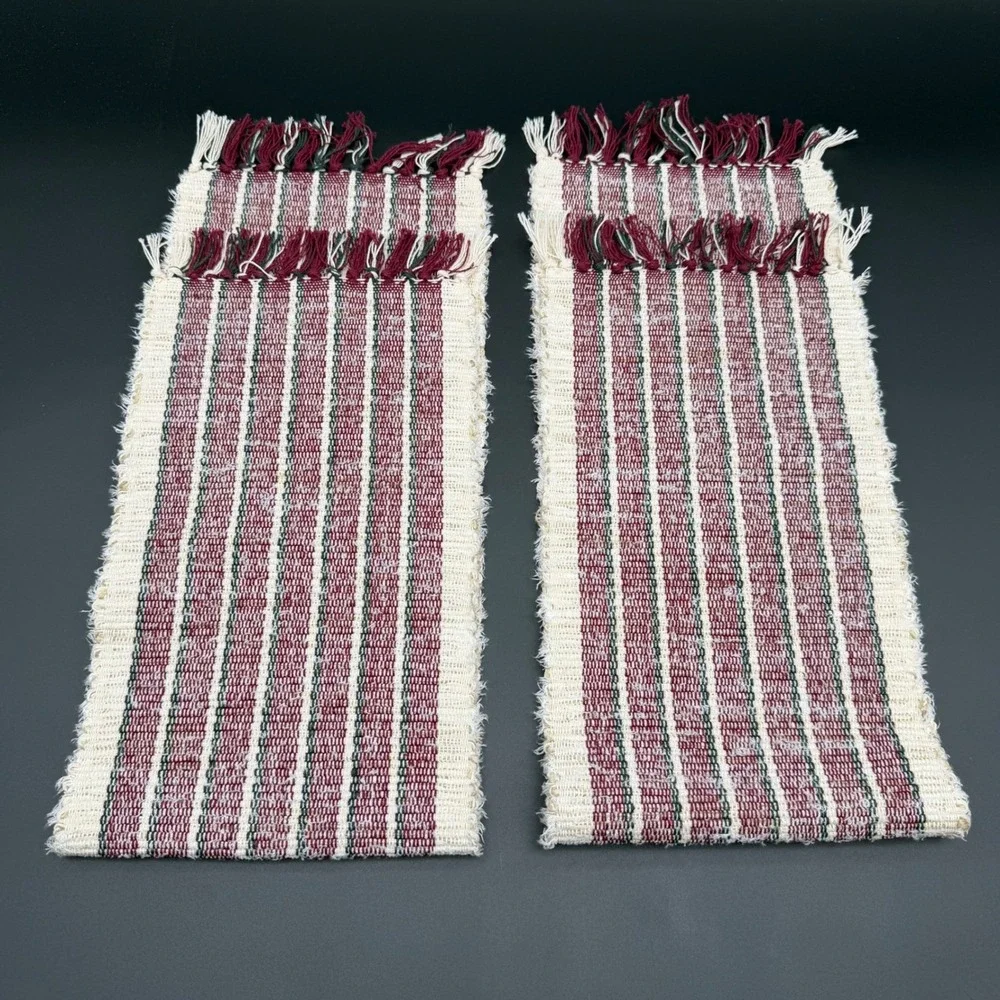 Handmade Woven Table Runners Set of 2 Burgundy Green White Striped 8.5 x 17